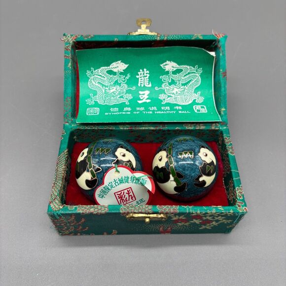 Vintage Baoding Cloisonne Panda Healthy Balls Chinese Hand Stress Relief w/Box - Picture 1 of 10